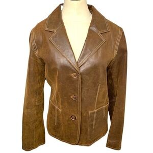 Cruze Brown Brushed Leather Blazer Moto Jacket Single Breast Tapered Coat Sz L